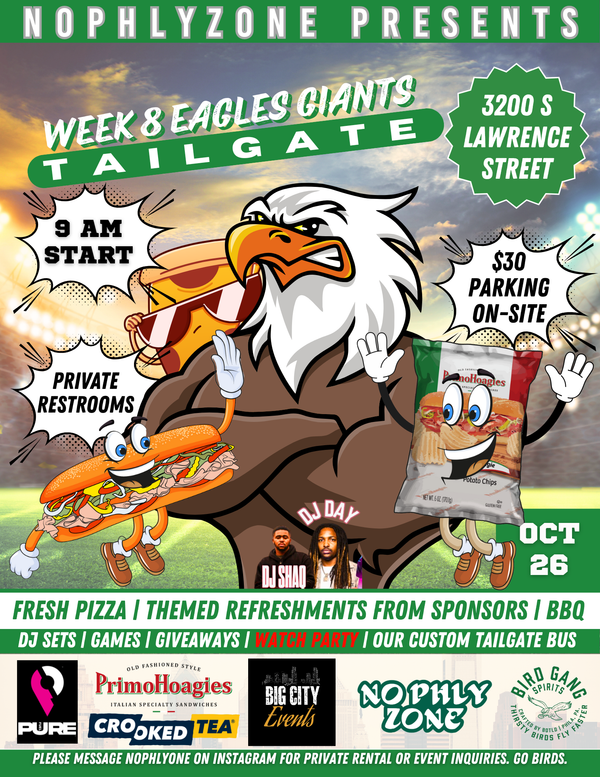 Promotional flyer for a Eagles Giants tailgate event featuring an eagle and hot dogs with various event details.