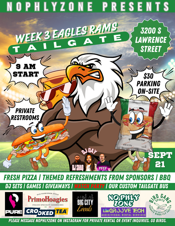 Promotional flyer for a Eagles Rams tailgate event featuring an eagle mascot and various food items.